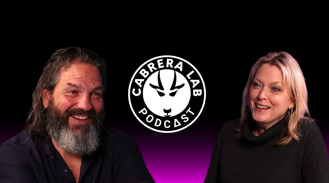 Derek and Laura Cabrera with the Cabrera Lab Podcast logo