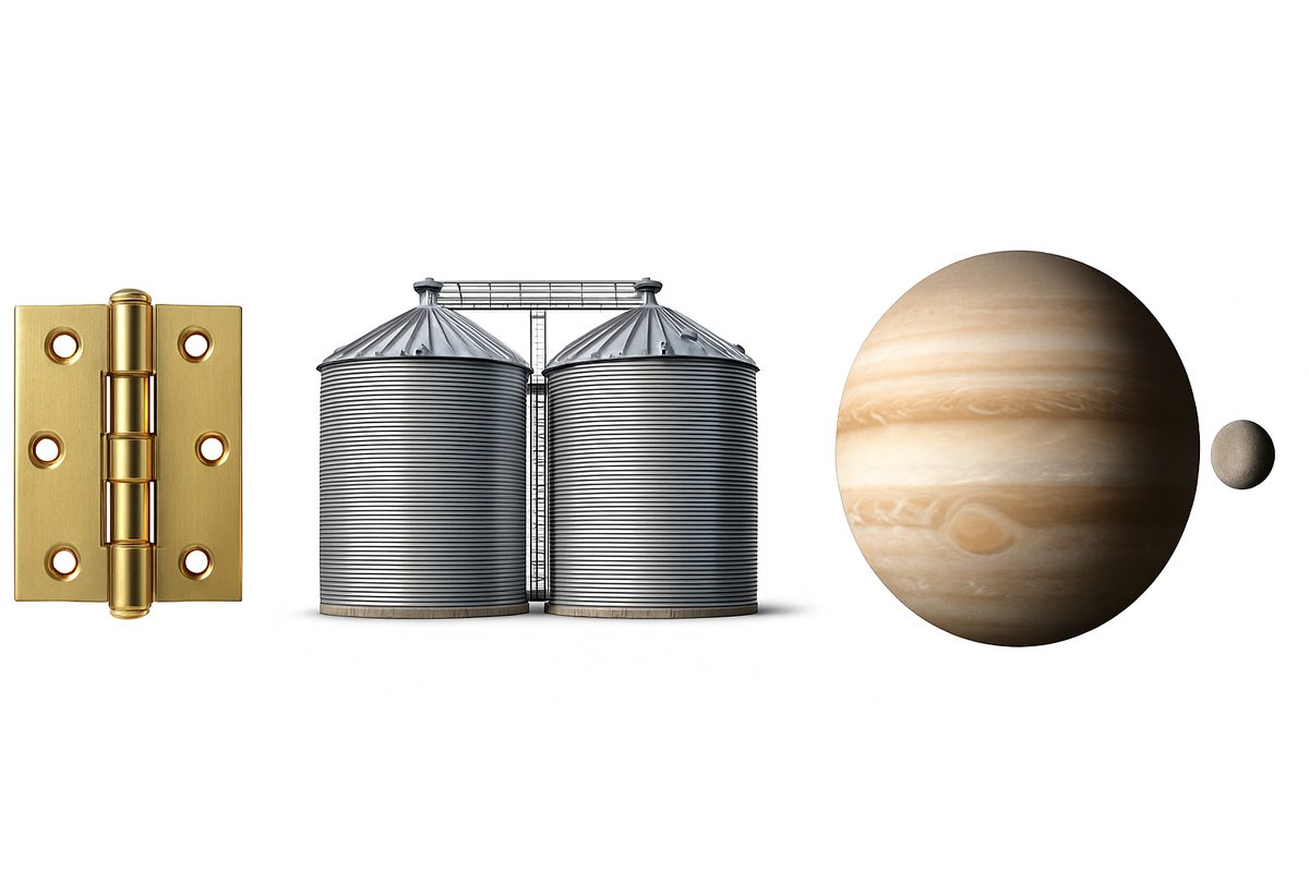 A hinge, grain silos, and a planet with its moon